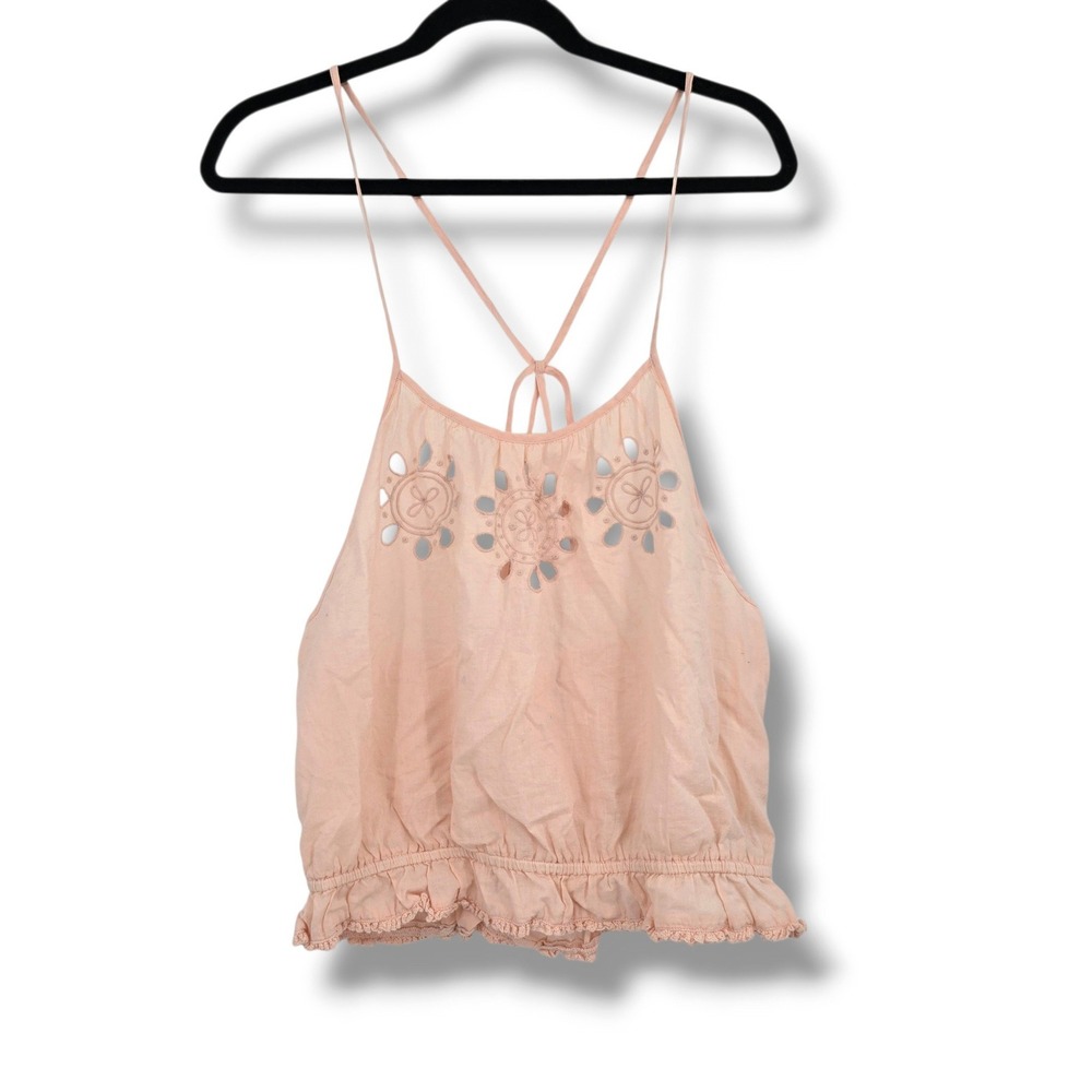 Aerie Peach Pink Eyelet Embroidered Ruffle Hem Camisole Top Medium Boho Summer